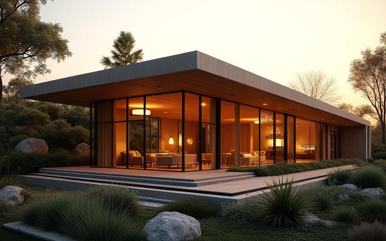 Ein fotorealistisches Rendering eines modernen, minimalistischen Hauses bei Sonnenuntergang, mit warmer Beleuchtung im Inneren und detailreicher Landschaftsgestaltung.