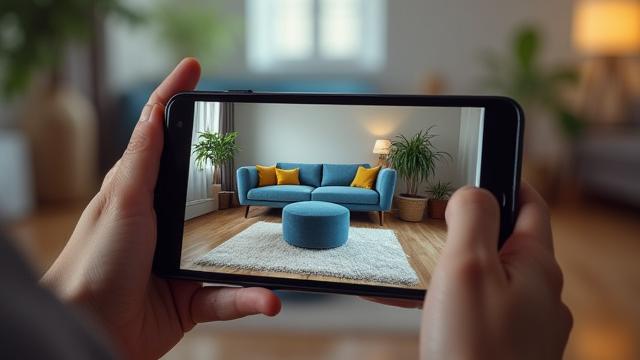 Eine Augmented Reality (AR) Anwendung, die virtuelle Möbel in einem realen Raum über ein Tablet-Display anzeigt, mit Schatten und Texturen, die sich anpassen.