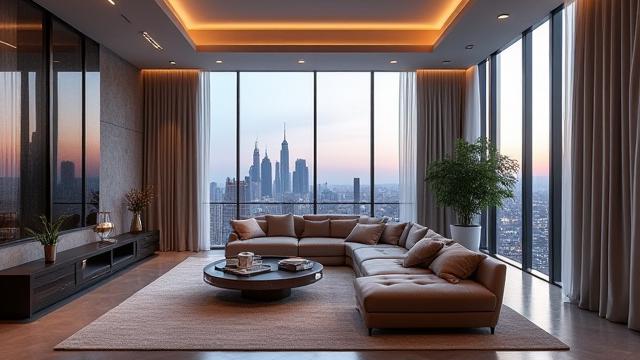 Innenansicht eines luxuriösen Penthouse, fotorealistisch gerendert mit Designer-Möbeln, natürlichem Licht und Blick auf die Stadt.